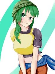 1girls bandage bare_midriff blush braid breasts female female_only fire_emblem fire_emblem:_the_blazing_blade green_eyes green_hair large_breasts looking_at_viewer medium_hair midriff nintendo rebecca_(fire_emblem) smile solo twin_braids upper_body uurabbit1