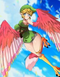 1girls 2022 artist_name bare_legs big_breasts blonde_hair blue_eyes blush crimson_loftwing elf_ears feathered_wings fusion harpy hourglass_figure jarckius link link_(skyward_sword) loftwing looking_at_viewer monster_girl nintendo rule_63 skyward_sword smile smiling_at_viewer the_legend_of_zelda the_legend_of_zelda:_skyward_sword thick thick_thighs thighs torn_clothes wings