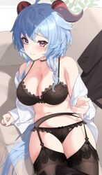 1girls ahoge aqua_hair bare_shoulders belly big_breasts black_bra black_choker black_garter_straps black_lingerie black_panties black_underwear blush bra breasts choker cleavage cute embarrassed eye_contact female female_only ganyu_(genshin_impact) garter_belt genshin_impact highres horns hyouuma indoors light-skinned_female lingerie long_hair looking_at_viewer lying navel on_couch open_shirt panties presenting purple_eyes seductive shirt skirt_down smile solo thick_thighs thighs underwear very_long_hair white_shirt