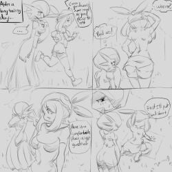 2girls ass breasts clownadeerp comic female female_only gardevoir human may_(pokemon) monochrome nintendo pencil_(artwork) pokemon pokemon_(species) pokemon_rse tagme