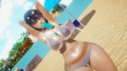 3d alternate_hairstyle beach between_breasts big_ass big_breasts black_hair busty cellphone hands_behind_head honey_select ice_cream kingdom_hearts ponytail roseza skuld_(kingdom_hearts) square_enix sweat tight_clothing urd_(kingdom_hearts)