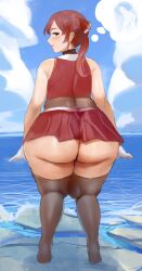 1girls absurdres ass bamboo_ale big_ass blush blushing blushing_at_viewer female from_behind highres hololive hololive_fantasy hololive_japan houshou_marine huge_ass looking_at_viewer looking_back ocean plump red_hair seductive seductive_look skirt sky smile solo solo_female thick_thighs thighhighs thighs twintails virtual_youtuber water wet when_you_see_it wide_hips yellow_eyes