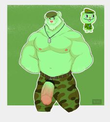 absurd_res accessory anthro arm_hair bara belt beret blush body_hair bonicfan123 border bottomwear camo camo_bottomwear camo_clothing camo_pants camo_print clothing cock_ring dog_tags flippy_(htf) flufflecraft fur genitals green_background green_body green_clothing green_fur green_hat green_headwear hands_behind_back happy_tree_friends hat headgear headwear hi_res jewelry looking_at_viewer male male_only mammal muscular muscular_anthro muscular_male navel necklace nipples outline pants pattern_bottomwear pattern_clothing pattern_pants pecs penis penis_accessory penis_jewelry penis_through_fly poking_out reference_image simple_background solo solo_male ursid vein veiny_penis white_outline