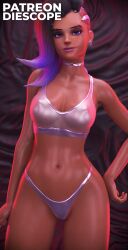 1girls 3d blender blizzard_entertainment breasts clothed clothing dark-skinned_female dark_skin diescope female female_only hi_res latex latex_clothing looking_at_viewer necklace olivia_colomar overwatch overwatch_2 pose purple_eyes purple_hair pussy pussy_peek solo solo_female solo_focus sombra standing thick_thighs transparent_clothing