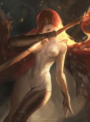 1girls amputee casual_nudity elden_ring female female_only fromsoftware hourglass_figure kardie malenia_blade_of_miquella nude nude_female painting_(artwork) prosthetic red_hair solo solo_female sword wings