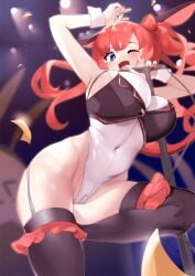 aiushi_(lovecowjp) animal_ears armpits azur_lane black_legwear blue_eyes blush bow breasts cameltoe covered_navel eyebrows_visible_through_hair fake_animal_ears feet_out_of_frame female from_above hair_ornament hairbow hand_up highleg highres large_breasts long_hair looking_at_viewer nail_polish one_eye_closed open_mouth playboy_bunny rabbit_ears red_hair red_nails san_diego_(azur_lane) simple_background smile solo standing standing_on_one_leg thighhighs thighs