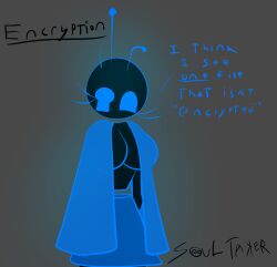 armless artist_name breasts character_name cleavage databrawl dress encryption_(databrawl) floating_head keyhole_eye neon open_clothes program roblox roblox_game rule_63 simple_background soultaker_(artist) text