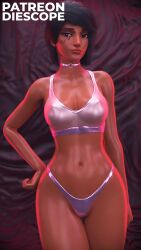 1girls 3d black_hair blender blizzard_entertainment blurry_background breasts brown_eyes clothed clothing dark-skinned_female dark_skin diescope female female_only hi_res latex latex_clothing looking_at_viewer necklace overwatch pharah pussy pussy_peek red_lipstick solo solo_female thick_thighs transparent_clothing