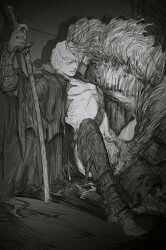 anal_fingering bare_chest beast_(bloodborne) bloodborne bodily_fluids closed_eyes erection fingering fingering_partner fromsoftware fur gay glansjob hunter_(bloodborne) male male_only monochrome open_clothes penis scro sitting smile sword weapon yaoi