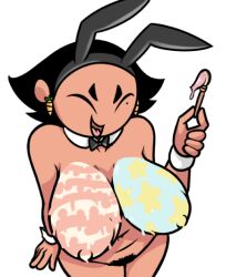 1girls beauty_mark big_breasts bunny_suit bush chubby chubby_female closed_eyes dark-skinned_female dark_skin dj_gray easter gill_(dj_gray) mole paint painted_breasts pubes terrible_the_drawfag