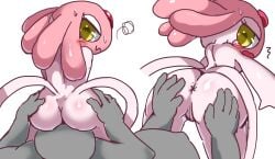 2022 2_tails ambiguous_gender anthro anus ass blush bodily_fluids body_blush butt_blush duo eyelashes facesitting female female/ambiguous forehead_gem genitals glistening glistening_butt hi_res human interspecies legendary_pokémon mammal mesprit multi_tail nintendo open_mouth pink_body pink_skin pokémon_(species) pokémorph poképhilia pokemon pseudo_hair pussy spread_butt spreading sweat sweatdrop tokemaru video_games yellow_eyes