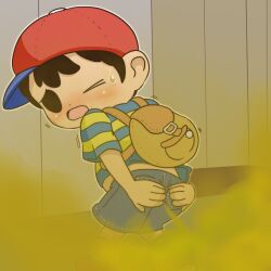 1boy back_view backpack baseball_cap black_eyes black_hair earthbound fart fart_cloud fart_fetish male male_only mother_(series) ness nintendo shorts solo striped_shirt sweatdrop tagme