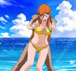 1boy 1girls beach big_breasts bikini bikini_aside bleach bleach_brave_souls breasts cheating duo duo_focus faceless_male female female_penetrated grabbing grabbing_from_behind inoue_orihime long_hair male male/female male_penetrating male_penetrating_female mr_trace_mosha netorare ntr orange_hair outdoors rape standing standing_sex swimsuit_aside vaginal_penetration vaginal_sex