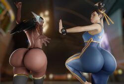 2girls 3d asian asian_female ass black_hair blizzard_entertainment blue-tinted_eyewear brown_hair brown_skin capcom chinese chinese_female chun-li chun-li_(fortnite) crossover dark-skinned_female dark_skin dat_ass donan epic_games female female_only fortnite fortnite:_battle_royale huge_ass leotard light_skin overwatch stockings street_fighter symmetra take_your_pick thong tinted_eyewear visor