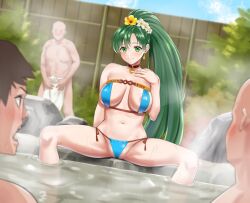 1girls 3boys alternate_costume areola_slip areolae bikini blue_bikini blue_swimsuit blush breasts check_commentary choker cloud commentary commentary_request commission covering covering_crotch day earrings female fire_emblem fire_emblem:_the_blazing_blade fire_emblem_heroes flower fuooooo green_eyes green_hair groin hair_flower hair_ornament highres jewelry large_breasts long_hair lyn_(fire_emblem) lyn_(summer)_(fire_emblem) male multiple_boys navel nintendo nipple_slip official_alternate_costume onsen outdoors ponytail side-tie_bikini skeb_commission sky smile spread_legs steam swimsuit teeth towel very_long_hair water wet