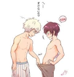 2boys aged_down assisted_exposure blush boxers_(clothing) boxers_only embarrassed gay gintama gintoki_sakata looking_at_penis looking_down male male_only nijiro_iro purple_hair sexual_harassment takasugi_shinsuke topless topless_male underwear underwear_only underwear_pull white_hair yaoi