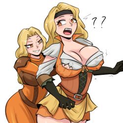 2girls alternate_costume blonde_hair breast_grab breasts brigid_(fire_emblem) brigid_(pirate)_(fire_emblem) corset counterpart double_breast_grab erect_nipples erect_nipples_under_clothes eyvel_(fire_emblem) female female/female fire_emblem fire_emblem:_genealogy_of_the_holy_war fire_emblem:_thracia_776 grin headband multiple_girls nintendo nipple_bulge official_alternate_costume orange_eyes pirate pirate_girl self_fondle selfcest shocked sunk118 time_paradox yuri