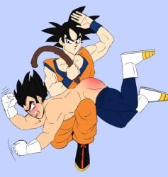 blush dragon_ball dragon_ball_z gay gloves male male_focus male_only over_the_knee_spanking plain_background red_butt redbottomdbz son_goku spanking tail tearing_up vegeta yaoi