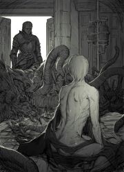 2boys after_sex back_muscles bloodborne caught_in_the_act fromsoftware hunter_(bloodborne) looking_at_another male male_only monochrome monster original_characters partially_clothed scro sitting tentacle tentacle_monster torn_clothes