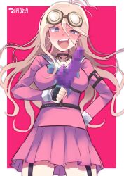 1girls blonde_hair blue_eyes blush censored choker danganronpa danganronpa_v3 dildo drooling female female_only goggles hair_between_eyes iruma_miu light_skin long_hair mosaic_censoring purple_dildo sex_toy solo straight_hair sweat wavy_hair yu11ma11