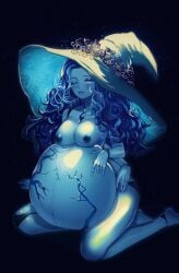 1girls 4_arms awee belly big_belly blue_hair blue_skin breasts cracked_skin elden_ring female female_only fromsoftware hat large_belly multi_arm multi_limb nipples one_eye_closed pregnant ranni_the_witch solo solo_female