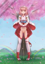 1girls ass_visible_through_thighs bangs bare_thighs cherry_blossom_tree cherry_blossoms clothes_lift female female_only fire_emblem fire_emblem_fates full_body hairband inner_thighs lifted_by_self looking_at_viewer mir_fille_de_meiou nintendo no_panties outdoors panties panties_around_leg panties_down pattern_socks peeing peeing_self petals pink_eyes pink_hair presenting pussy rainbow red_panties sakura_(fire_emblem) short_hair skirt_lift smile socks solo thigh_socks thighhighs thighs tree underwear upskirt urine white_socks