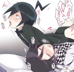 2boys ahe_gao ahoge black_hair blue_hair blush bottomless clothed_sex danganronpa danganronpa_v3 eyelashes femboy gay green_eyes hair_between_eyes heart heart-shaped_pupils implied_sex looking_pleasured male male/male male_only missionary_position motion_lines ouma_kokichi pale_skin purple_hair saihara_shuuichi saliva saliva_drip saliva_string scarf short_hair side_view straight_hair sweat tongue tongue_out translation_request two_tone_hair visible_breath yaoi yu11ma11