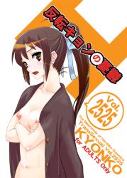 arms_crossed blush brown_eyes brown_hair doujin_cover english_text female genderswap genderswap_(mtf) kyon kyonko open_mouth ponytail rule_63 sentape solo suzumiya_haruhi_no_yuuutsu