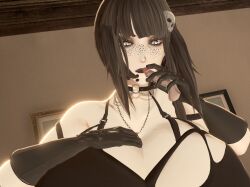 1boy 1girls black_hair black_lipstick choker code_vein disembodied_penis freckles goth huge_breasts makeup oc pale_skin piercing revealing_clothes screencap slit_pupils small_penis torn_clothes white_eyes