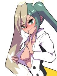 1girls areola areolae blush brown-skinned_female brown_hair brown_skin brown_skinned_female clothed clothed_female clothing crossover dark-skinned_female dark_skin dark_skinned_female female female_only finger_to_mouth green_eyes green_hair hatsune_miku hatsune_miku_(electric-type_trainer) jumpsuit long_hair long_twintails multicolored_hair nintendo nipple nipples pokemon project_voltage showing_breast small_breasts twintails vocaloid white_hair white_jumpsuit