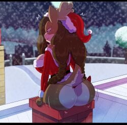 anthro ass ass_cleavage big_breasts big_butt butt_crack chimney christmas copyright_request dress dress_lift furry olive_(rawk_manx) reindeer santa small_clothes somescrub stuck stuck_in_chimney tagme thong tight_fit