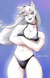 1girls animal_ears bikini black_bikini blue_tongue cleavage crossed_arms day fangs female_focus female_only fox_girl ghost_girl latam_virtual_youtuber long_hair looking_at_viewer muscular_girl pink_eyes pookyboo simple_background standing swimsuit virtual_youtuber vtuber vtuberfanart white_body white_hair