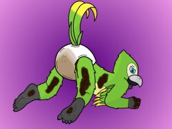 1boy anthro ass avian bird diaper diaper_only feces feces_on_body looking_at_viewer male male_only messy_diaper presenting presenting_hindquarters rear_view retromagnetar scat seductive smearing smirk soiling solo solo_male