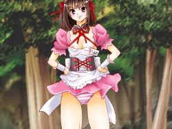 blush brown_hair erect_nipples hand_on_hip japanese_text pink_striped_panties sentape smile striped_panties suzumiya_haruhi suzumiya_haruhi_no_yuuutsu