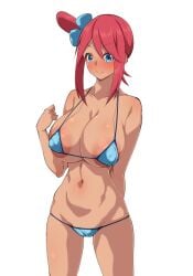 1girls 2022 alternate_breast_size asymmetrical_hair belly_button bikini blue_bikini blue_eyes breasts brown_skin dark-skinned_female dark_skin female female_only gym_leader hips huge_breasts long_hair looking_at_viewer micro_bikini nanashi_maru nintendo pokemon pokemon_bw pokemon_bw2 red_hair simple_background skyla_(pokemon) smile thighs white_background