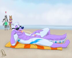 absurd_res beach blue bodily_fluids canid canine canis fluffball genital_fluids hi_res kee keenora mammal peeing pipi purple urine watersports wolf