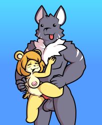 anthro blush breast_grab breasts canid canine canis domestic_dog duo female fur grey_body grey_fur hand_on_breast male male/female mammal penetration razzybun short_stack shortstack size_difference ursid vaginal_penetration yellow_body yellow_fur