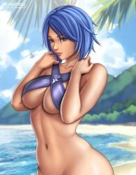 1girls alternate_version_available aqua_(kingdom_hearts) arms_on_breasts artist_logo beach beach_background blue_eyes blue_hair breasts brown_lipstick clouds daytime detailed_background female female_only flowerxl kingdom_hearts looking_at_viewer no_panties ocean pale-skinned_female purple_bikini purple_eyes seductive_smile short_hair solo square_enix upper_body wide_hips widescreen