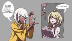 ahoge akamatsu_kaede alternate_universe blonde_hair blue_eyes blush breasts danganronpa dark-skinned_female dark_skin electrickronos hair_ornament large_breasts long_hair nervous pendulum purple_eyes school_uniform straight_hair sweat tan_skin white_hair yonaga_angie