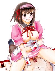 brown_eyes brown_hair eyebrows_visible_through_hair female female_on_top large_breasts sentape short_hair straight striped_panties suzumiya_haruhi suzumiya_haruhi_no_yuuutsu