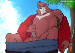 anthro balls bottomwear bottomwear_down clothed clothing fur genitals hi_res kumatetsu male male_only mammal masturbation outside pants pants_down partially_clothed penile penile_masturbation penis red_body red_fur sky snoopjay2 solo the_boy_and_the_beast ursid