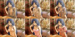 alternate_breast_size asakura_ryouko bed blue_eyes blue_hair cleavage large_breasts long_hair nightgown pikachu pillow pokémon_(species) pokemon pokemon_rgby sentape sleepy suzumiya_haruhi_no_yuuutsu waking_up wink