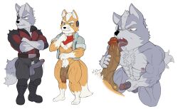 2022 abs anthro anthro_on_anthro balls big_muscles big_penis bodily_fluids bottomless bottomwear canid canine canis clothed clothing comparing comparing_penis crossed_arms duo erection eye_patch eyebrows eyewear flaccid fox fox_mccloud fur gay gay_sex genital_fluids genitals hair handjob headgear hi_res humanoid_genitalia humanoid_penis inkgoat jacket licking male male/male male_only mammal masturbation muscular muscular_anthro muscular_male neckerchief nintendo nipples nude open_clothing open_jacket open_mouth open_topwear oral pants pecs penile penile_masturbation penis penis_lick penis_size_difference precum pubes saliva sex simple_background smile standing star_fox tongue tongue_out topwear tuft unzipped vein veiny_penis video_games white_background wolf wolf_o'donnell