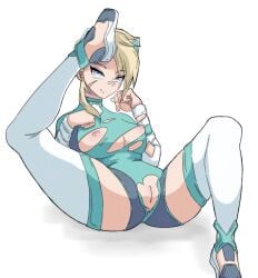 blonde_hair blue_eyes breasts cat_ears catgirl erisa_(fortnite) exposed_breasts exposed_pussy fortnite leg_over_head leg_up looking_at_viewer pussy ripped_clothing ripped_pants scar smile spread_legs stockings tagme vagina waiting