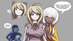 ahoge akamatsu_kaede alternate_universe blonde_hair bra danganronpa dark-skinned_female dark_skin electrickronos empty_eyes erect_nipples erect_nipples_under_clothes expressionless femdom femsub hair_ornament happy_trance hypnosis long_hair mind_control nipples purple_eyes school_uniform smile straight_hair tan_skin text yonaga_angie yuri