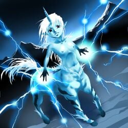 2014 blue_skin capcom centaur elder_dragon electricity female hooves horn katrada kirin_(monster_hunter) monster_girl monster_hunter pink_eyes pointy_ears small_breasts solo unicorn unicorn_taur