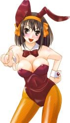 animal_ears black_hair blush breasts brown_eyes bunny_ears bunnysuit erect_nipples erect_nipples_under_clothes female female fishnet_legwear fishnet_pantyhose fishnets hairband large_breasts nipples orange_hairband pantyhose pointing sentape short_hair solo suzumiya_haruhi suzumiya_haruhi_no_yuuutsu wrist_cuffs