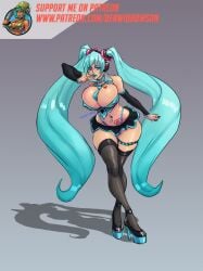 benjamin_widdowson big_breasts bimbo bimbofication blue_hair color edit hatsune_miku headphones heart_tattoo high_heels large_breasts looking_at_viewer miniskirt navel_piercing platform_heels seductive_look thighhighs vocaloid