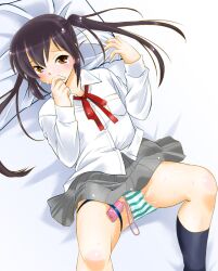 azusa_nakano_(k-on!) biting_finger blush brown_eyes brown_hair clothed_masturbation clothing female k-on! masturbation panties sentape skirt socks striped_panties vibrator