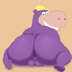 2022 absurd_res anthro ass big_butt clothing colossalstars common_hippopotamus hanna-barbera hat headgear headwear hi_res hippopotamid jellystone_(hbo_max) male mammal overweight overweight_male peter_potamus purple_body simple_background solo the_peter_potamus_show